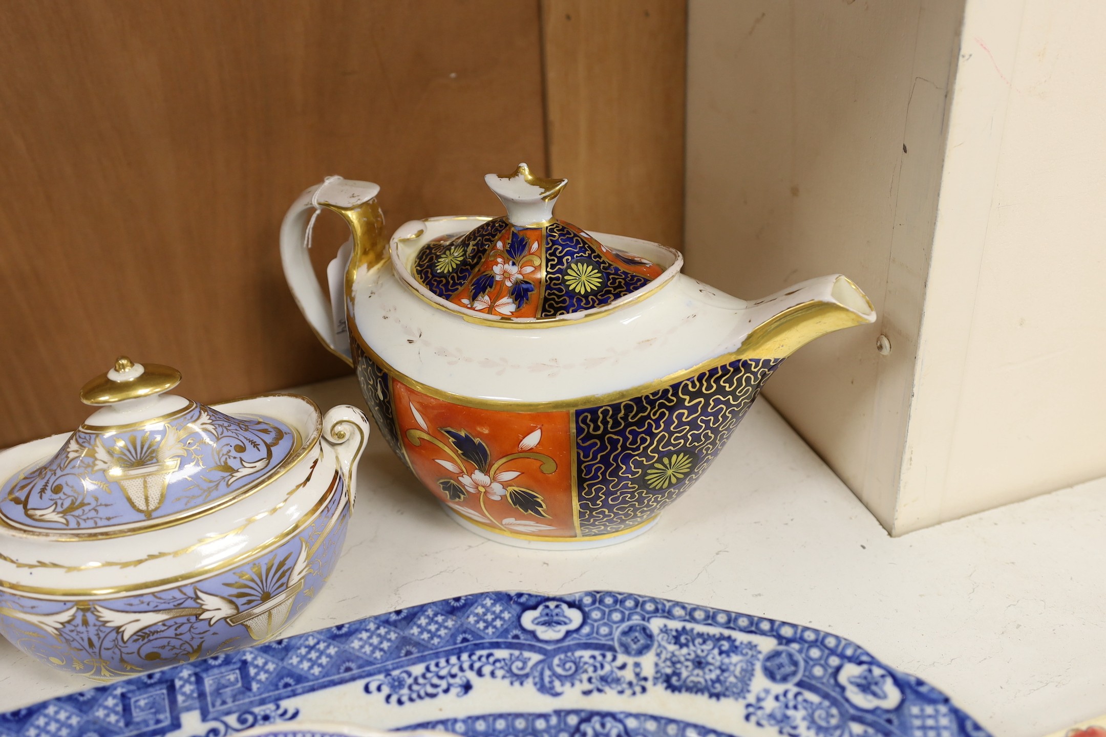 A quantity of late 18th and early 19th century English ceramics including a Spode teapot and a large Austro-Hungarian ceramic tile